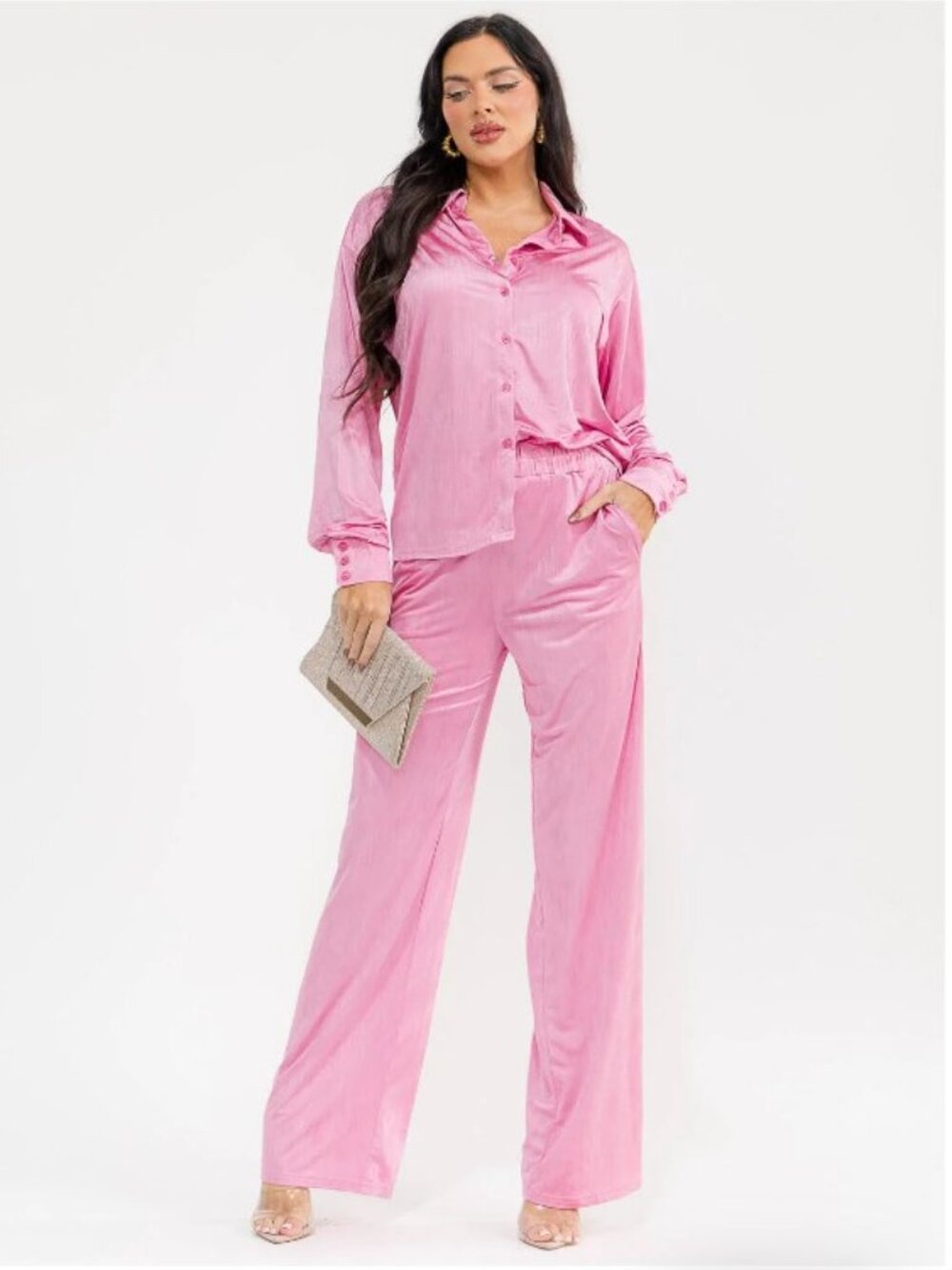Pink Two-Piece Set – Luxe Button-Up Top & Wide-Leg Pants